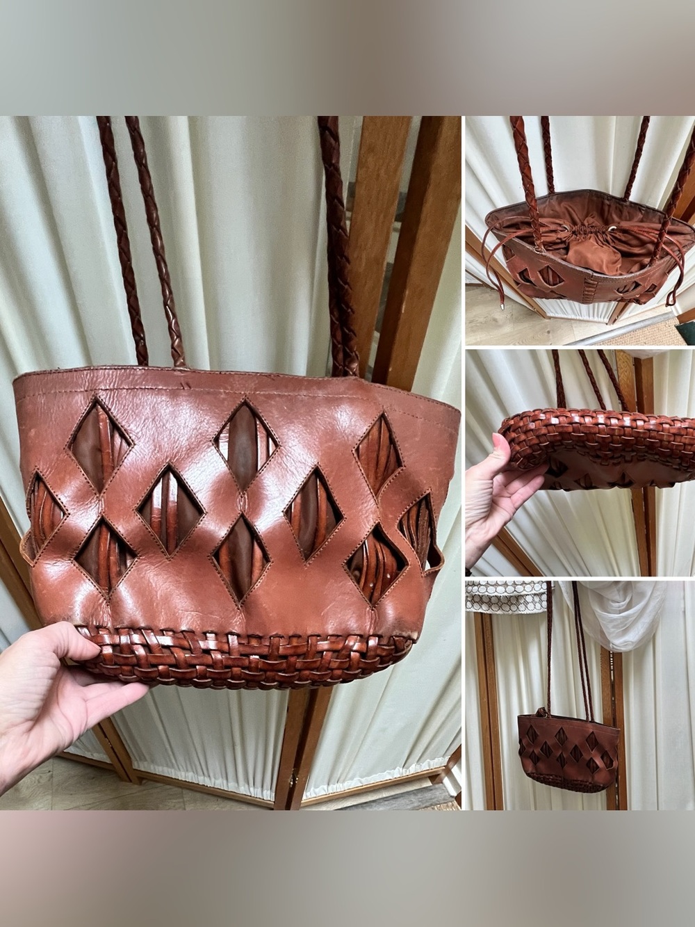 Woven Diamond-Panel Brown Leather Tote w drawstring pouch and braided strap